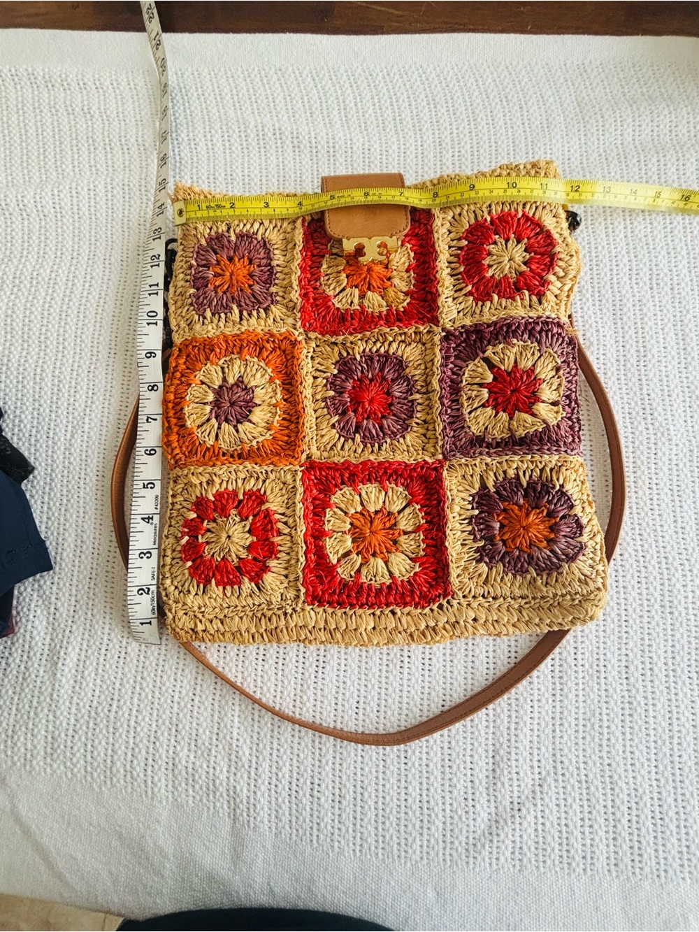Tory Burch Multi-Color Crochet Square Crossbody with Tan Trim - Picture 7 of 10